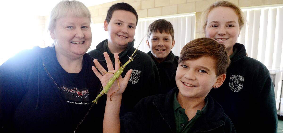 Jacqui Love from TravelBugs with Tullamore students Jeffrey McLean, James Jones, Logan Perks, Shanae Alvey and a Goliath stick insect at Eco Day. More photos Tuesday.