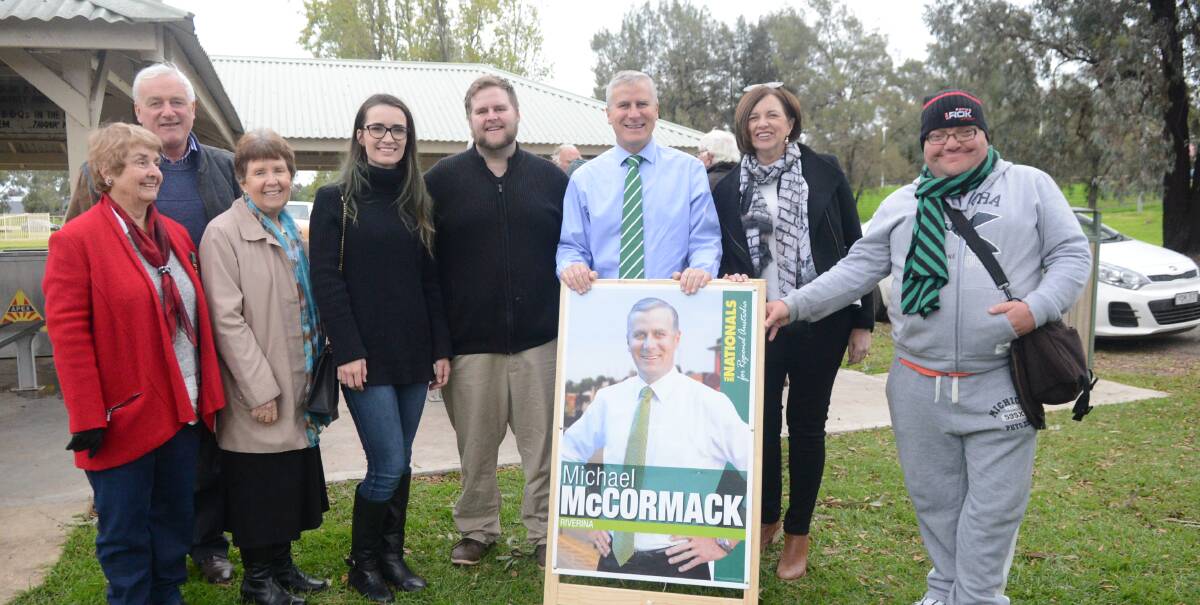 Dorelle Scott, Parkes Nationals branch chair Gavin Tom, Maria Peterson, Amelia Judson, Forbes branch chair Mark Pietsch, re-elected member for Riverina Michael McCormack with his wife Catherine and Rhyse Forrestal.