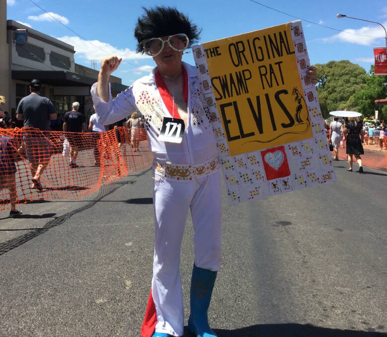 Gumboots and the trademark Elvis suit ... Swamp Rat Elvis representing Forbes in the parade. Photo thanks to Melinda Border. 