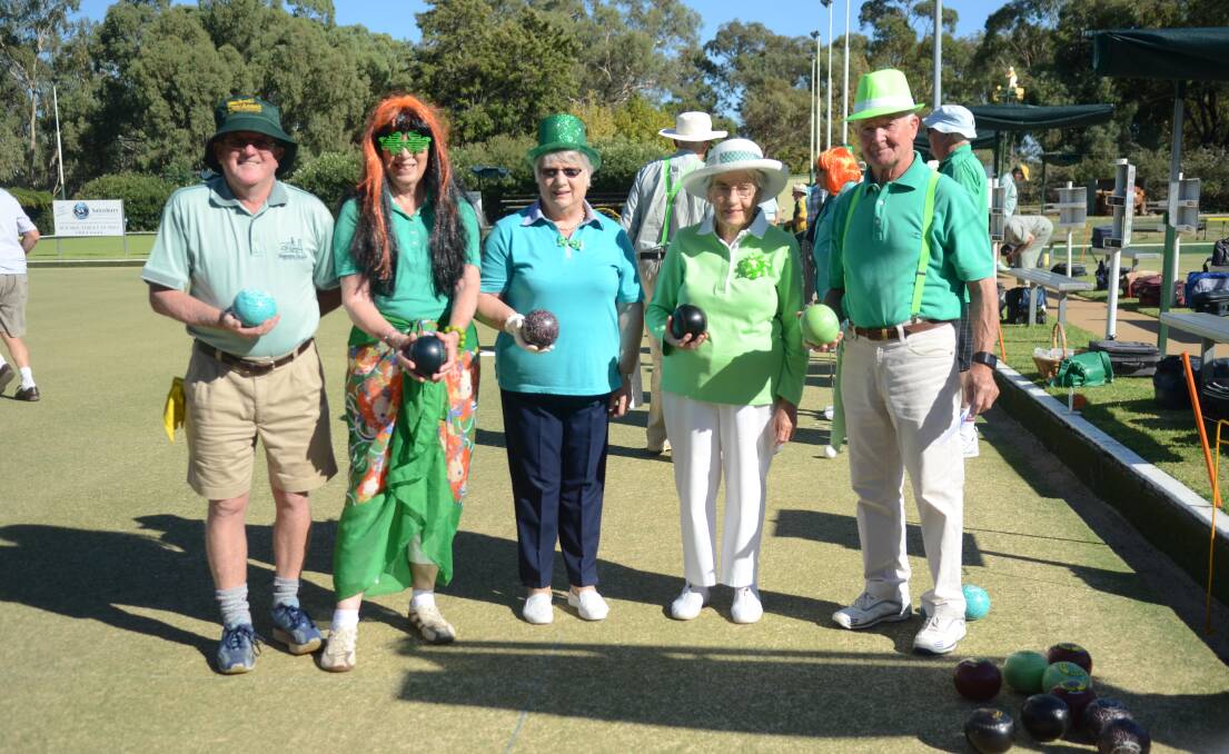 John Gorton, Ann Nelson, Lesley Dunstan, Margaret O'Connell and Bob Pratt were dressed up for an Irish day on the Forbes bowling greens. 