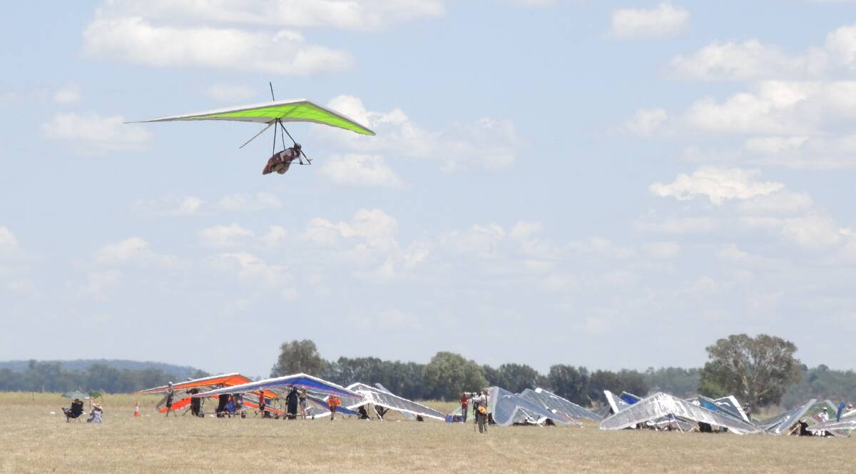 A hang glider being towed into the air for the Forbes Flatlands hang gliding titles in January this year.