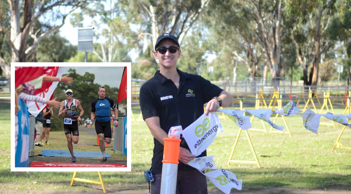 Kyle Anderson on Thursday setting up the transition area for hundreds of bikes at Lake Forbes aquatic centre with (inset) a sneak preview of another Elite Energy finish line. 