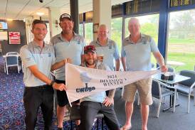 Caleb Hanrahan, Stephen Betland (c), Brad Ashton, Peter Dawson and John Betland celebrate their Division One pennants win with friends at the Forbes Golfie. Picture by Short Putt
