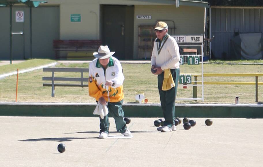 Wayne Moon sends down a bowl on the Forbes Sport and Rec greens during the Ben Hall Pairs tournament.