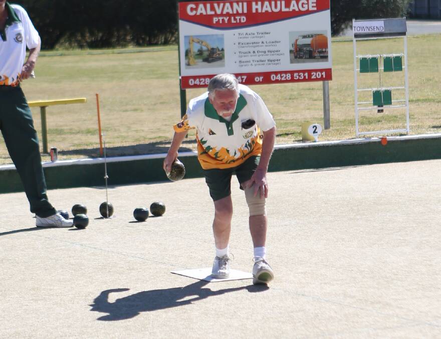 Alan Phillips sends a bowl down in this year's Ben Hall Pairs competition.