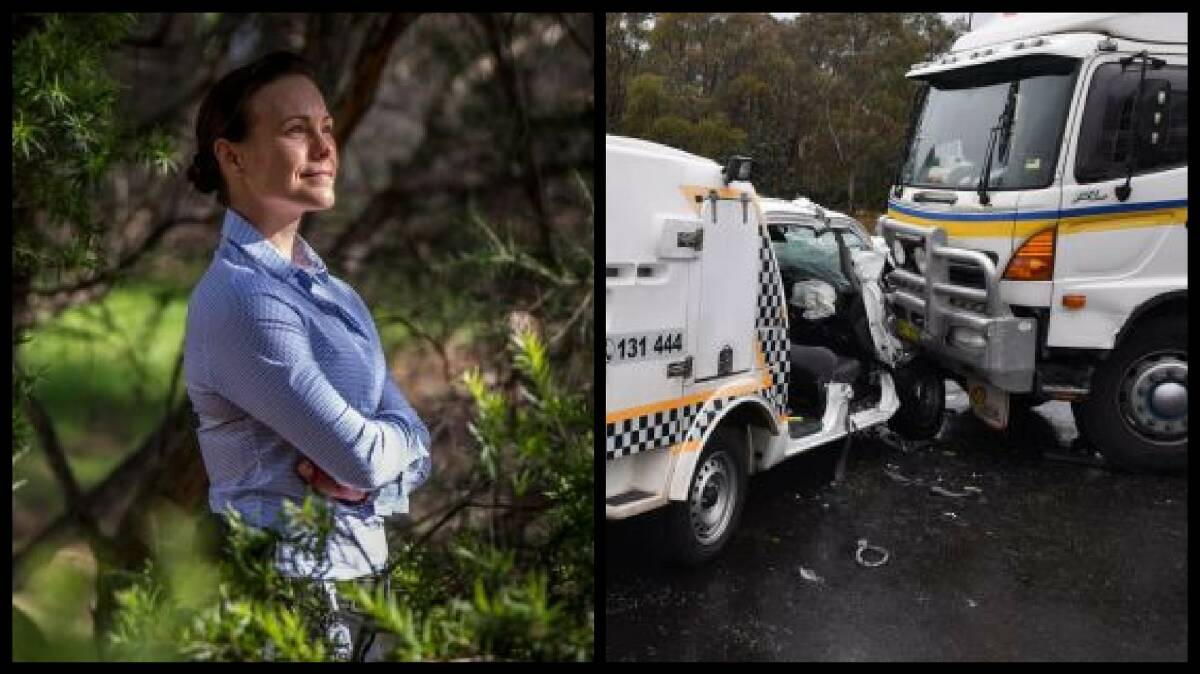 Constable Nicole Watkins and the crash scene of January 5, 2016. Photos: Karleen Minney, ACT Policing