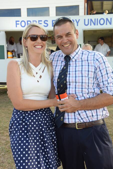 Celebrating Forbes Rugby Club: Carmel Laing and Brad Worland enjoying the Forbes Rugby President's Lunch held on South Circle Oval on Saturday.