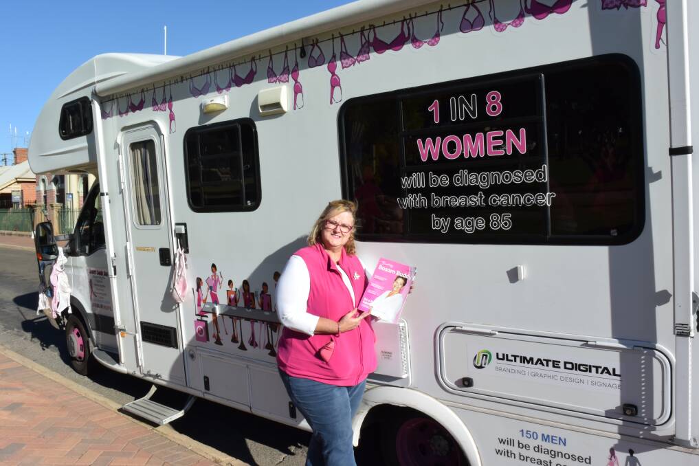 GROOVY BOOBY BUS: Donna Falconer travels around Australia in her RV, raising awareness of the cancer that affects 17,500 Australian women and 150 men each year.
