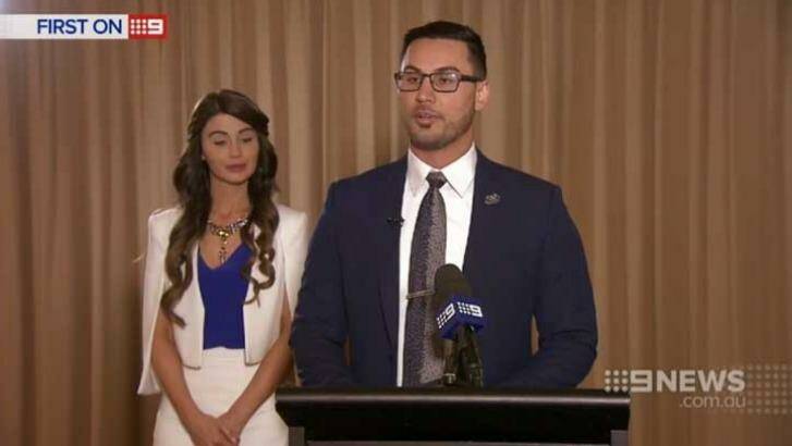 Salim Mehajer at a lectern during his interview with Nine News. Photo: Channel Nine