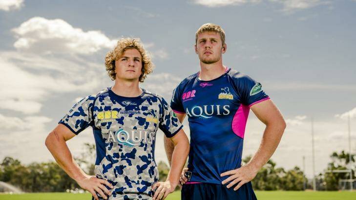 Brumbies players Joe Powell, left, and Tom Staniforth in variations of this year's jersey. Photo: Jamila Toderas