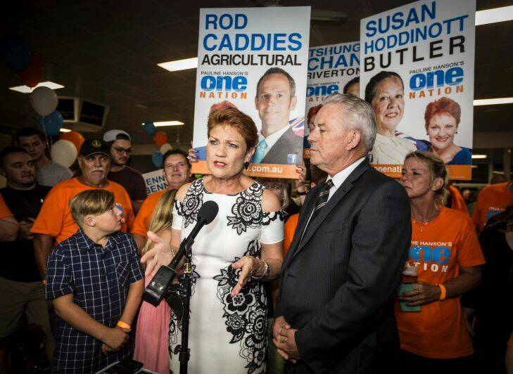Pauline Hanson during her live crosses at the Melvilee Bowling Club tonight after the Western Australian State election.
Pic Tony McDonough . Saturday 11th March 2017 Photo: Tony McDonough