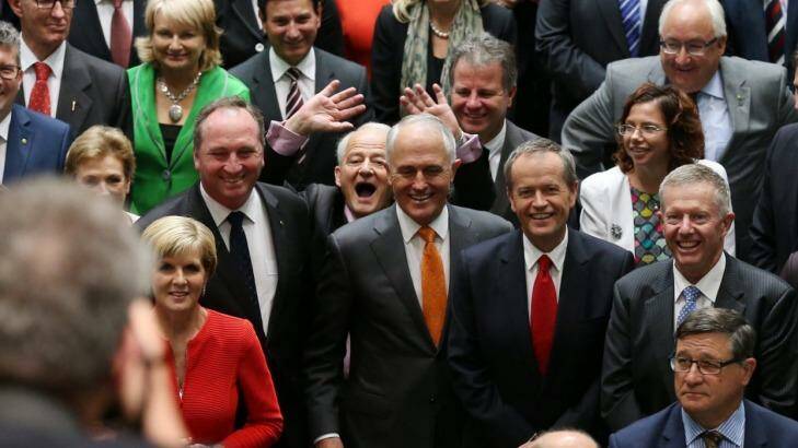 Philip Ruddock photobombs the official photograph of the 44th Parliament of Australia in the House of Representatives with Prime Minister Malcolm Turnbull and Opposition Leader Bill Shorten. Photo: Andrew Meares