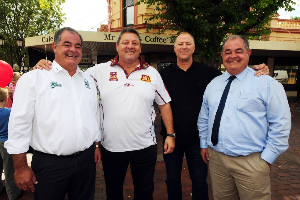 Paul Sironen, pictured during the City-Country Origin week at Dubbo last year with Kevin and John Walkom and Steve Roach, will be back at the city later this month for the inaugural Group 11 presentation night. 								Photo: BELINDA SOOLE