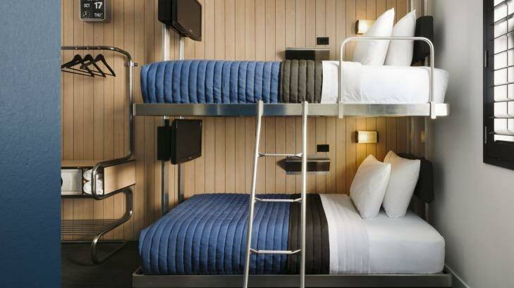 Pod 39 blue bunk. Pod Hotels, New York.