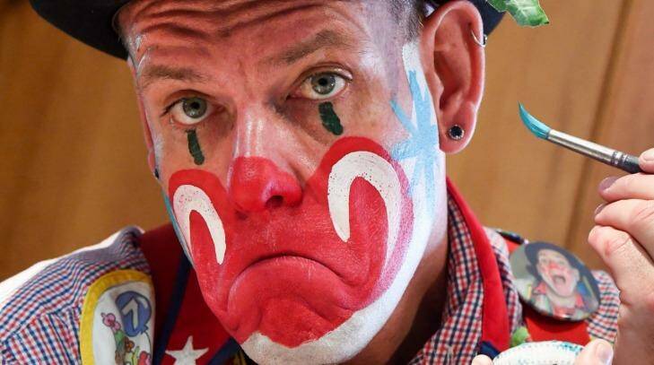 Rodney Meyer, 45, a clown who goes by the name of Stretch says he hopes the scary clown phase will fade out after Halloween.  Photo: Peter Rae