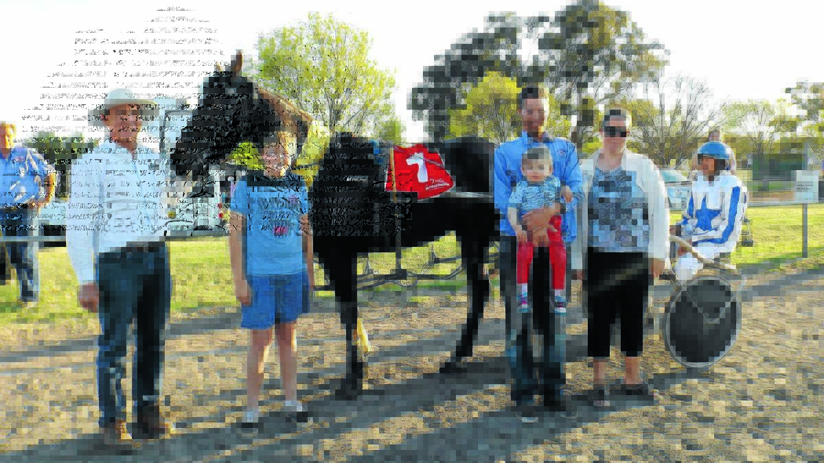 Poppy Cee after winning heat five of the Canola Cup last Sunday with (l-r) owner Geoff Cole, strapper Will Cassell, Phil Cole holding son ­Elijah, Jessie Cole and trainer, driver Andrew Cassell. CC Poppy Cee.jpg
