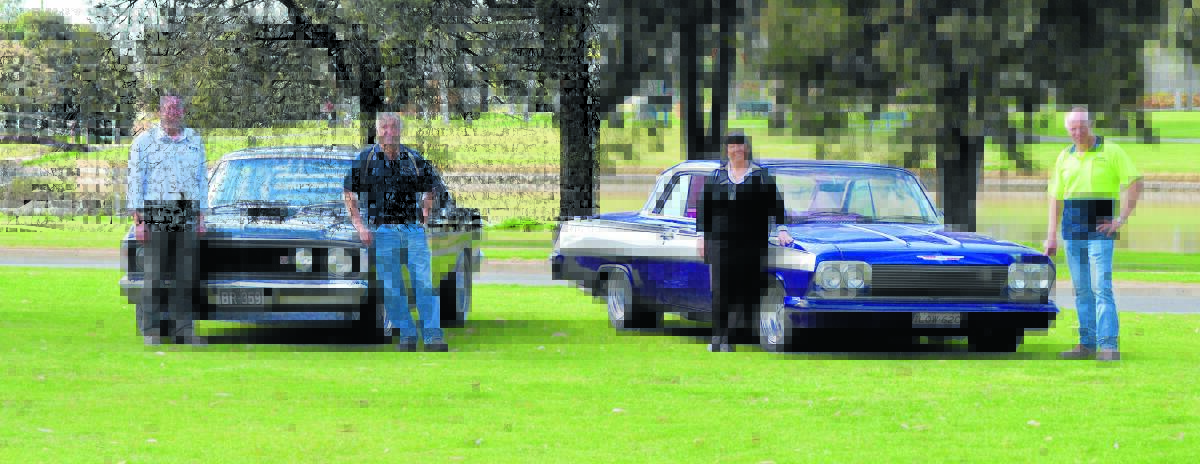 The hard working members of the Forbes Motor Show Committee - Ian 'Bart' Bartholomeus, Barry Read, Tania Cole and Ian Rousell in front of a 1971 XY Falcon and a 1962 Chevrolet Impala.  0915motorshow(7)