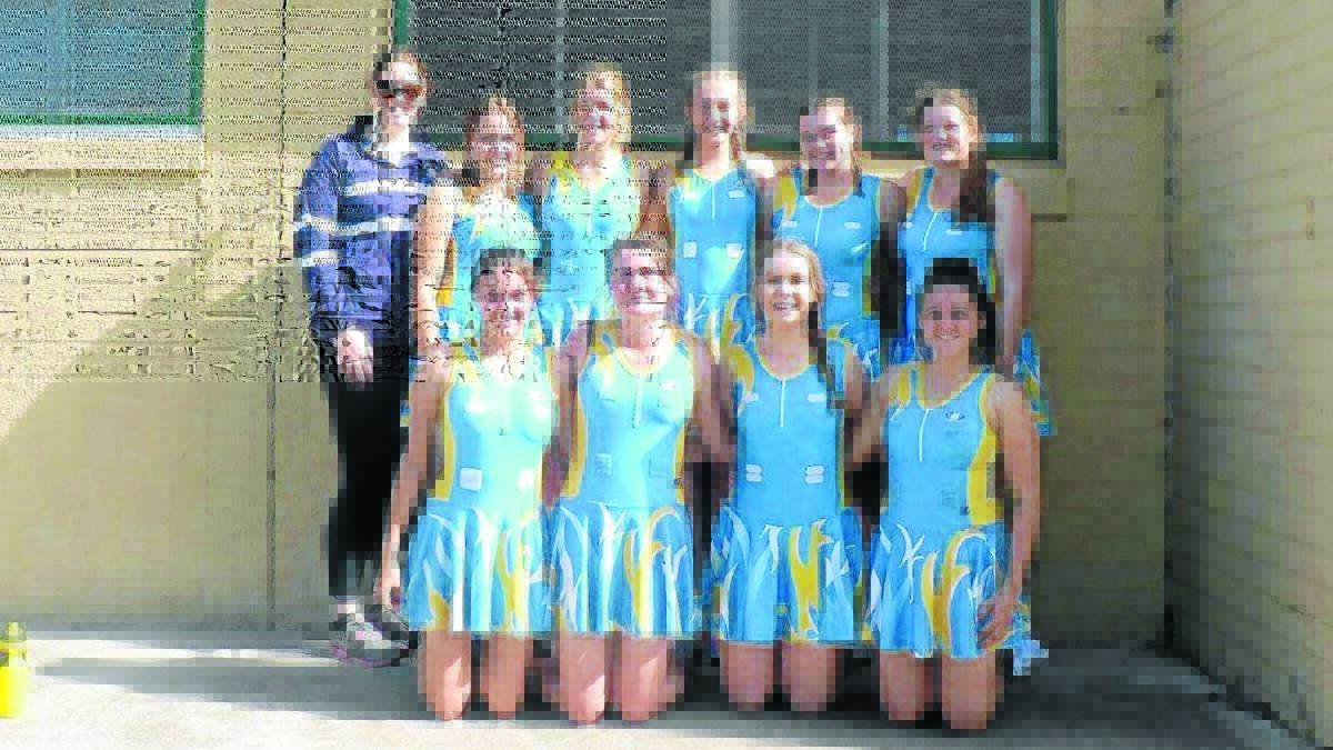 Coach Tamara Hawken (left) with team members (back) Sarah Meacham, Courtney Ward, Sarah Simmonds, Sophie Hurford, Jess Zieltjes and (front) Monica Pascoe, Brooke Howarth, Leah Byrnes, Elysse Girot-Serplet. Absent was Forbes Netball Association umpire Eliza Woods.