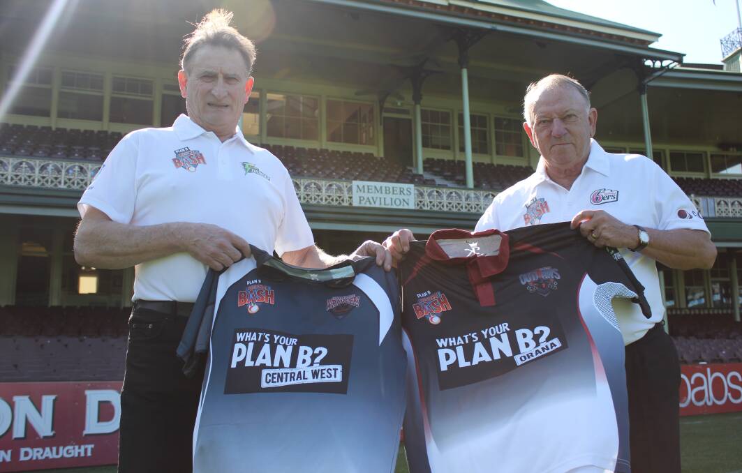 YEEEE-HAAAAW: Former Australian Test cricketers Len Pascoe and Doug Walters show off the Wranglers and Outlaws' respective Regional Big Bash strips. Photo: CRICKET NSW