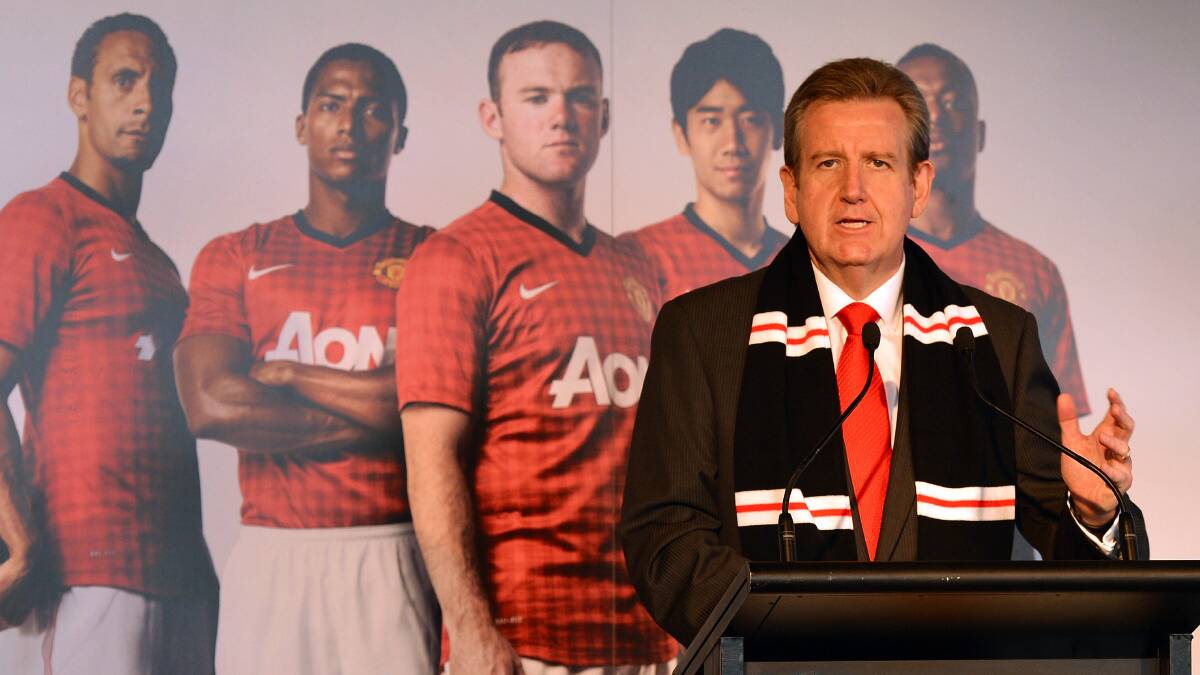 Premier Barry O'Farrell speaks during a press conference in Sydney on December 10, 2012, as it is announced English Premier League team Manchester United will play an Australian A-League All Stars team in a one-off game in 2013. Picture: William West