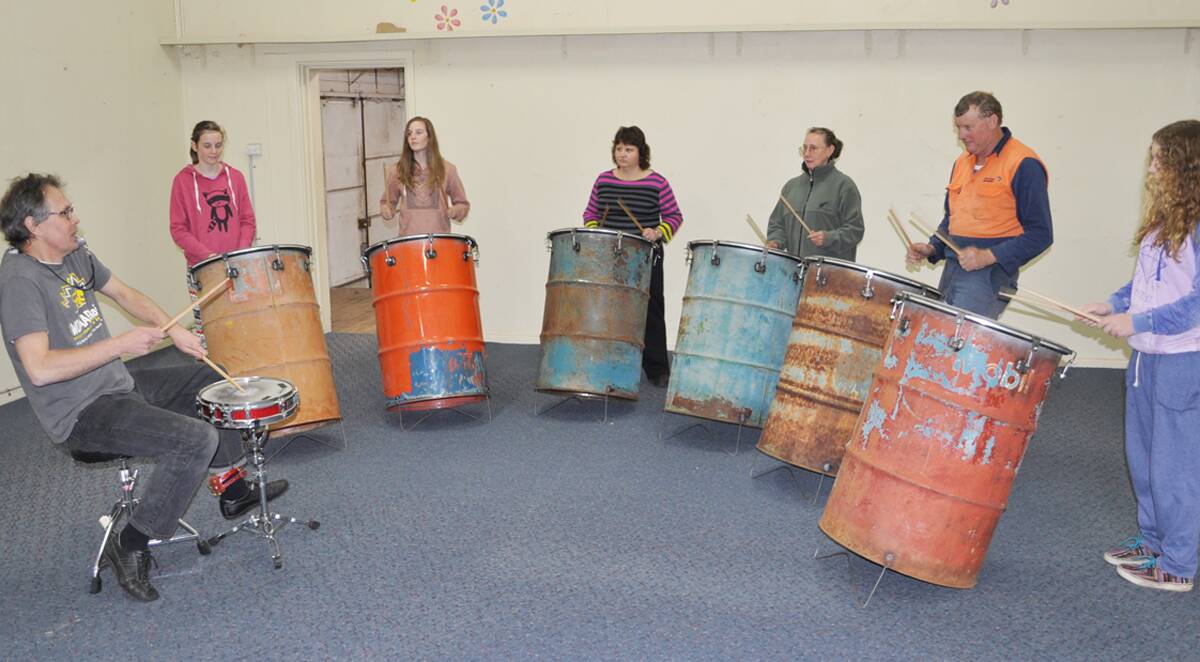 Peter Kennard (left) leads the first Drumming Up Country workshop recently.