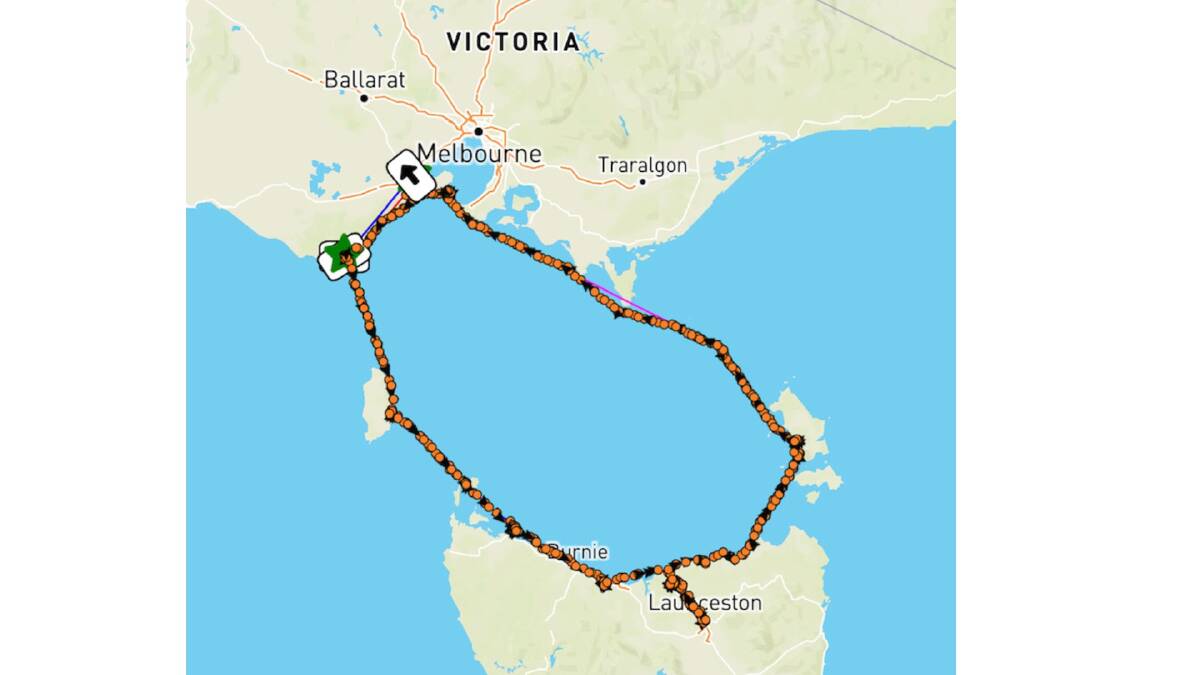A map showing how the jet skiers went clockwise around Bass Strait.