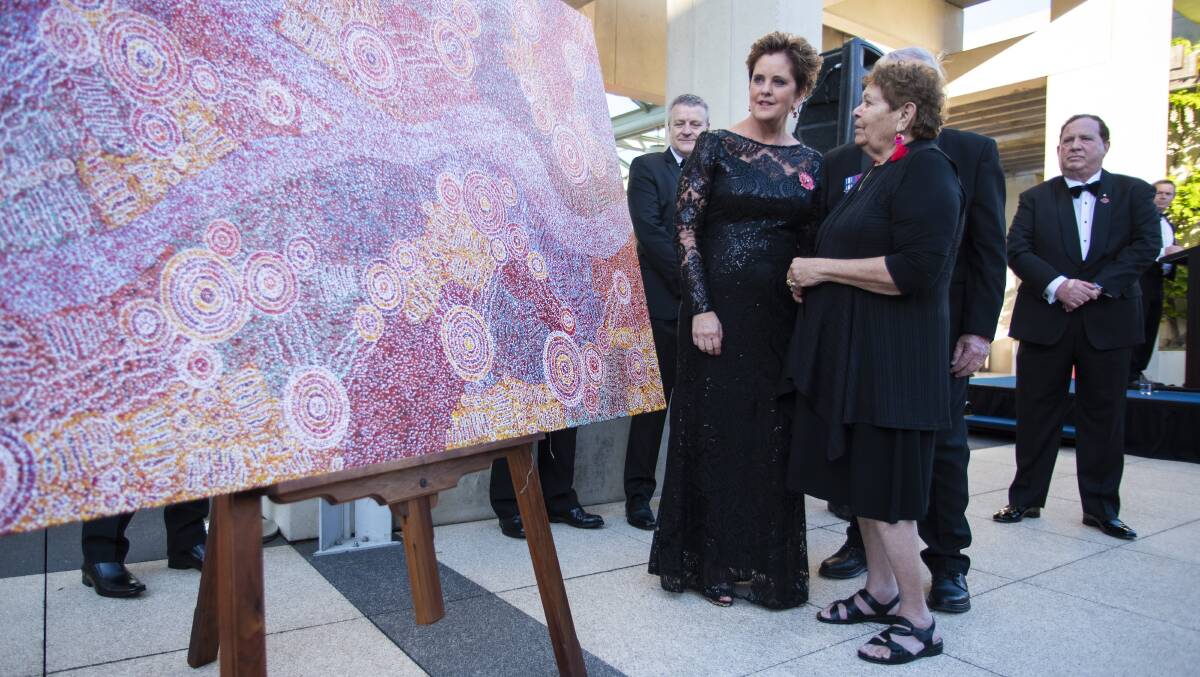 Richard Rolfe (right) with then British high commissioner Meena Rawlings and artist Barbara Weir at an Indigenous art auction at the National Gallery in Canberra on November 10, 2019. Picture: Supplied