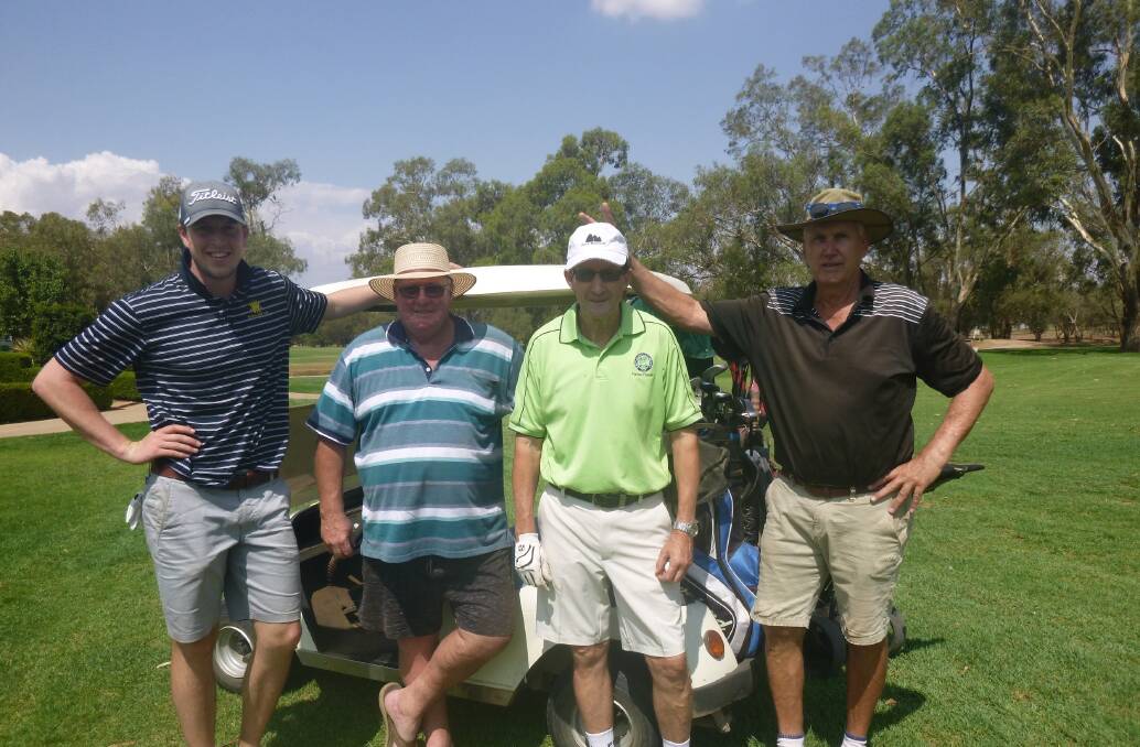 Visitor: Visitor Will Clayton (Bowral) all smiles after a round with locals Craig Barrett, Al Rees and Steve Uphill.