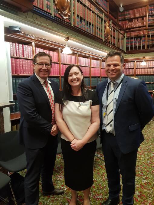 Celebrating: The Hon Troy Grant MP, Marg Applebee CWLL Coordinator and Mr Philip Donato MP at Parliament House in Sydney.