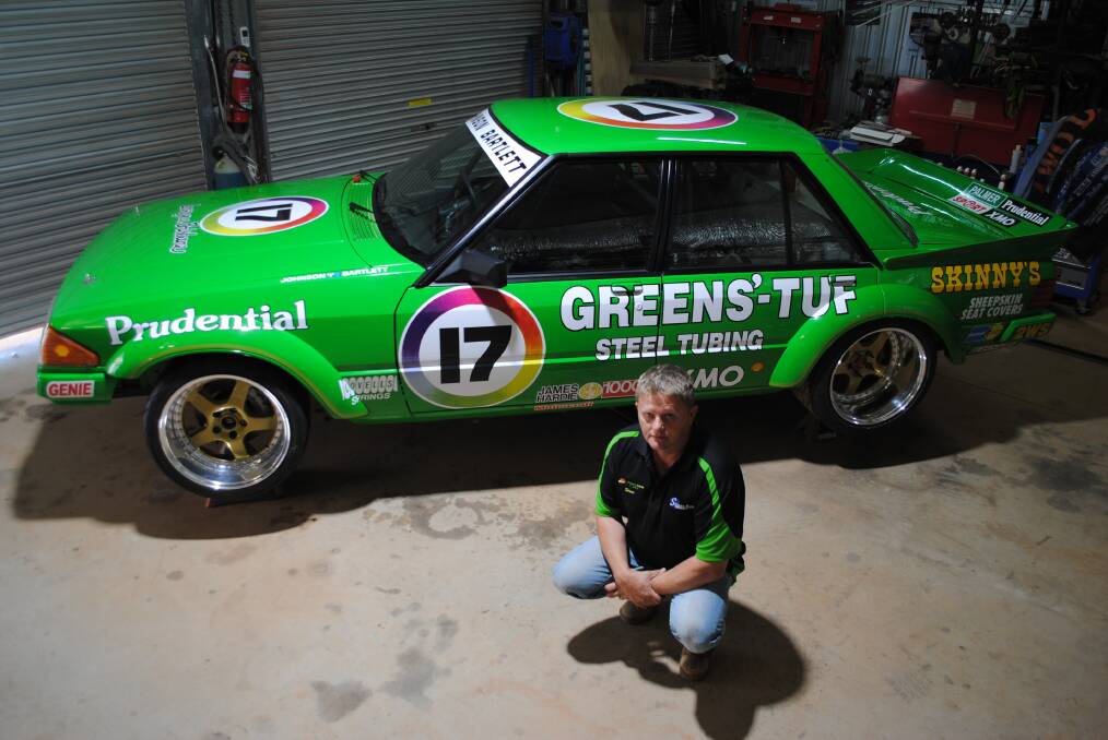 Green Machine: Steve Blaxland with his 1983 Falcon. His plans for the rebuild changed and now he's almost completed this XE Falcon Greens Tuf Tribute Race Car.