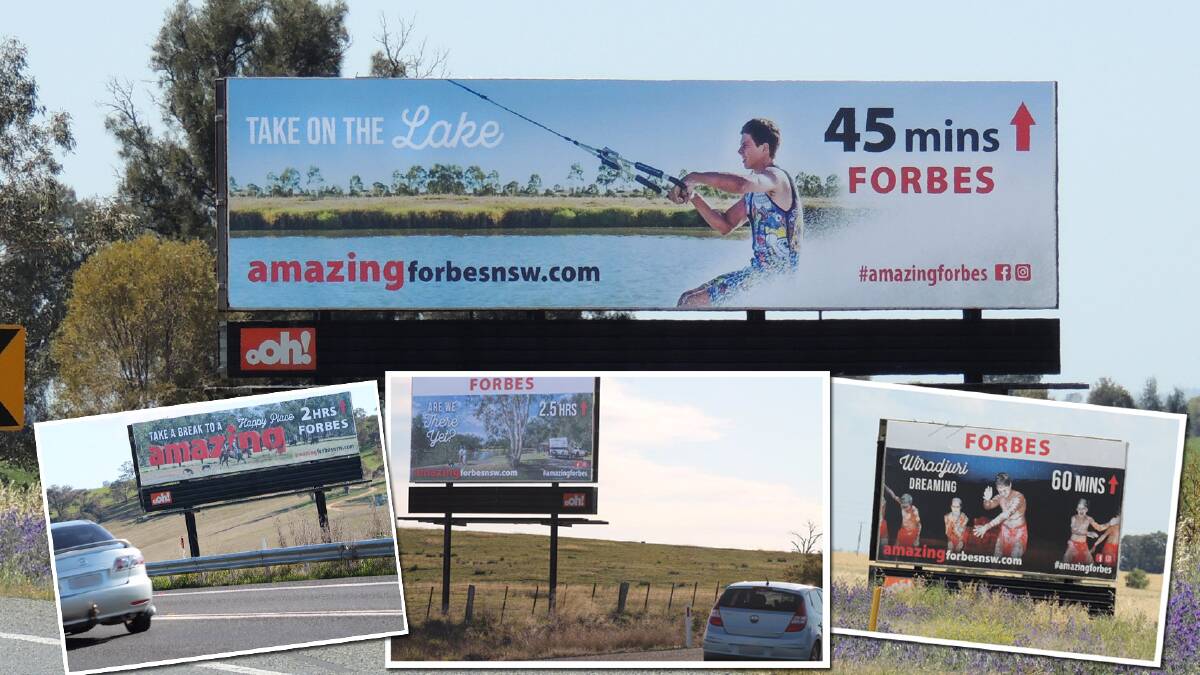 The new billboards that have gone up on the Newell and other highways encouraging drivers to stop in Forbes. Images supplied.