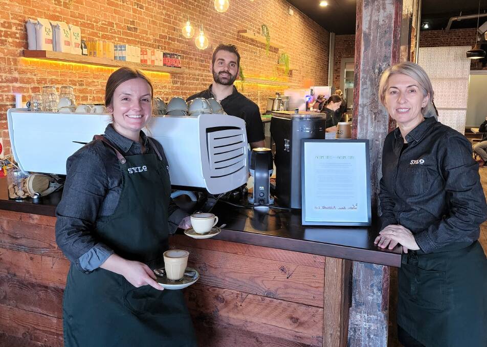 DOORS OPEN: Sylo Café baristas Breanna Collins and Zeca Buarque and (right) CatholicCare Wilcannia-Forbes social enterprise manager Toni Hanns at the cafés first day of opening. Picture: SUPPLIED