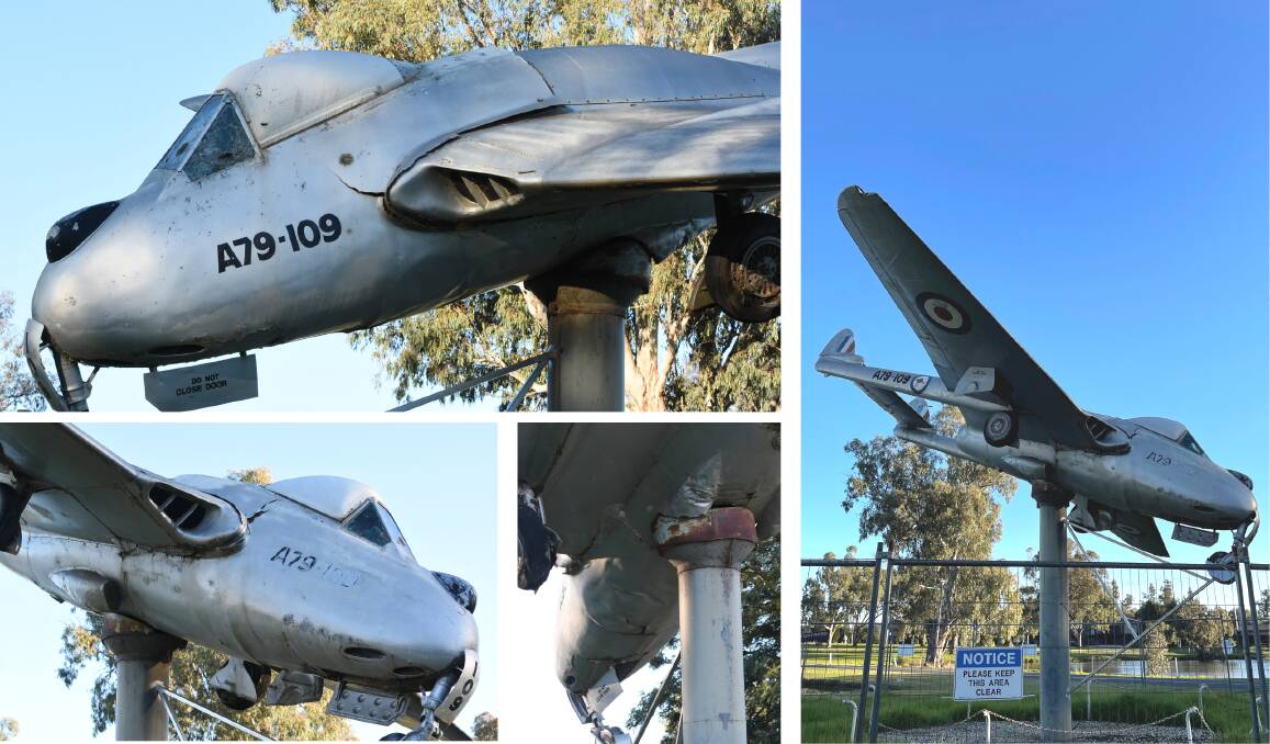 DAMAGE: These images show the nose cone coming away, rippling on the underside of the plane and bowing of the top of the jet body due to compression forces. The plane has now (right) been fenced off with a support added under the front wheel. 