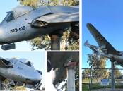 DAMAGE: These images show the nose cone coming away, rippling on the underside of the plane and bowing of the top of the jet body due to compression forces. The plane has now (right) been fenced off with a support added under the front wheel. 