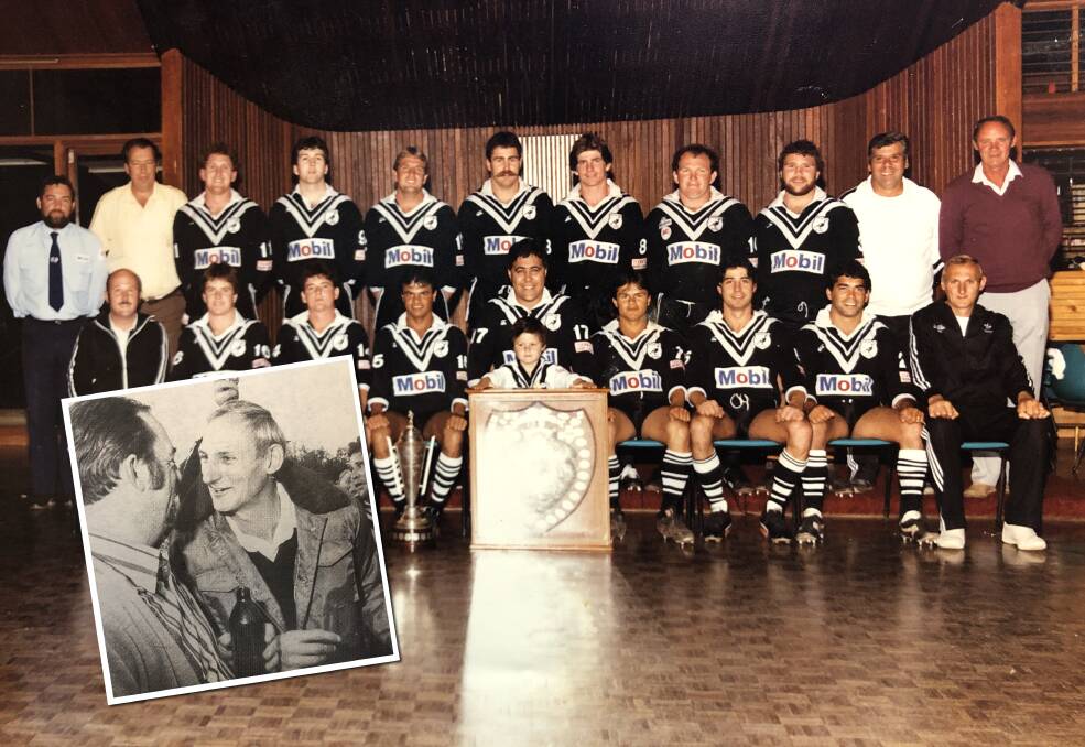 The victorious 1987 Magpies first grade side with Ray Clothier front right and (inset) celebrating the victory at Narromine. 