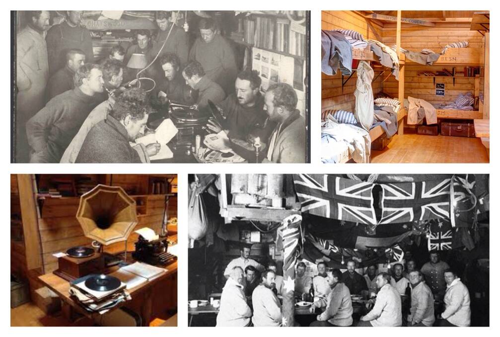 Images of the replica Mawson's Hut and photoraphs from the expedition to the Antarctic. 