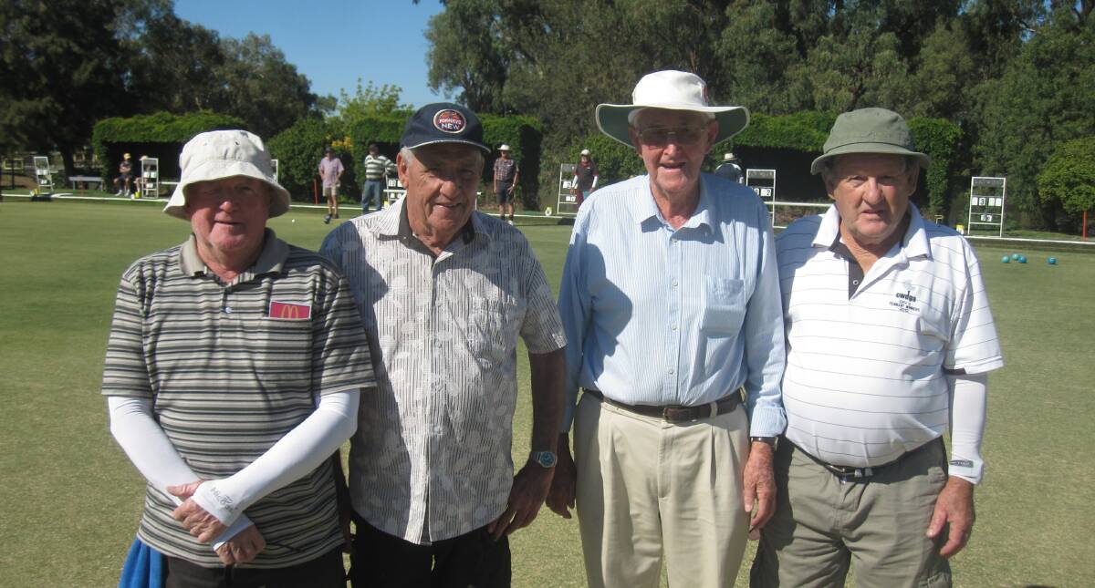 John Gorton, Peter Walker, Bill OConnell, Jim Maloy enjoying a recent game of Wednesday bowls. Photo courtesy Rob Priest.