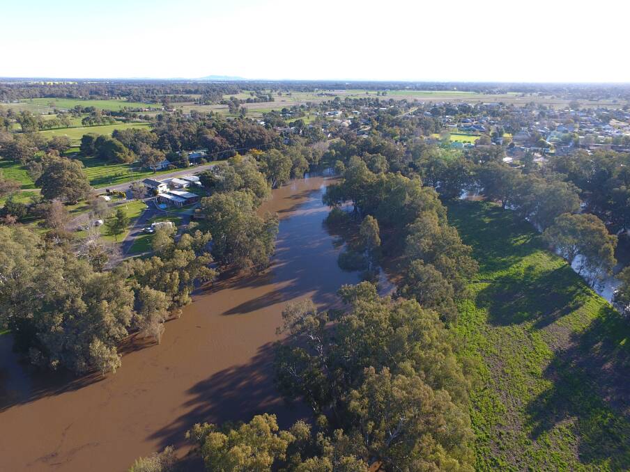 PLENTY OF WATER: A drone's eye view of the Lachlan River near the Iron Bridge last weekend. Photo: Craig Dwyer