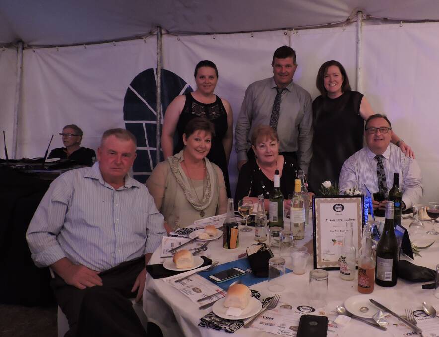 (Back) Kim Storey, John and Vicky Den (front) Mark and Anne Bray, Judy Smith and Tim Cheney representing different Eugowra businesses and groups at the 2018 Daroo Awards. 