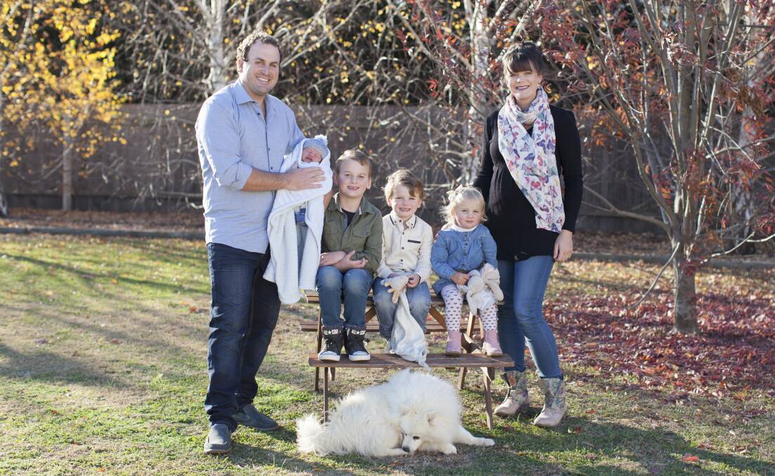 Jessica and Matthew Blacker with Elijah, Logan, Mabel, new arrival Arlo and their pooch Ralph.