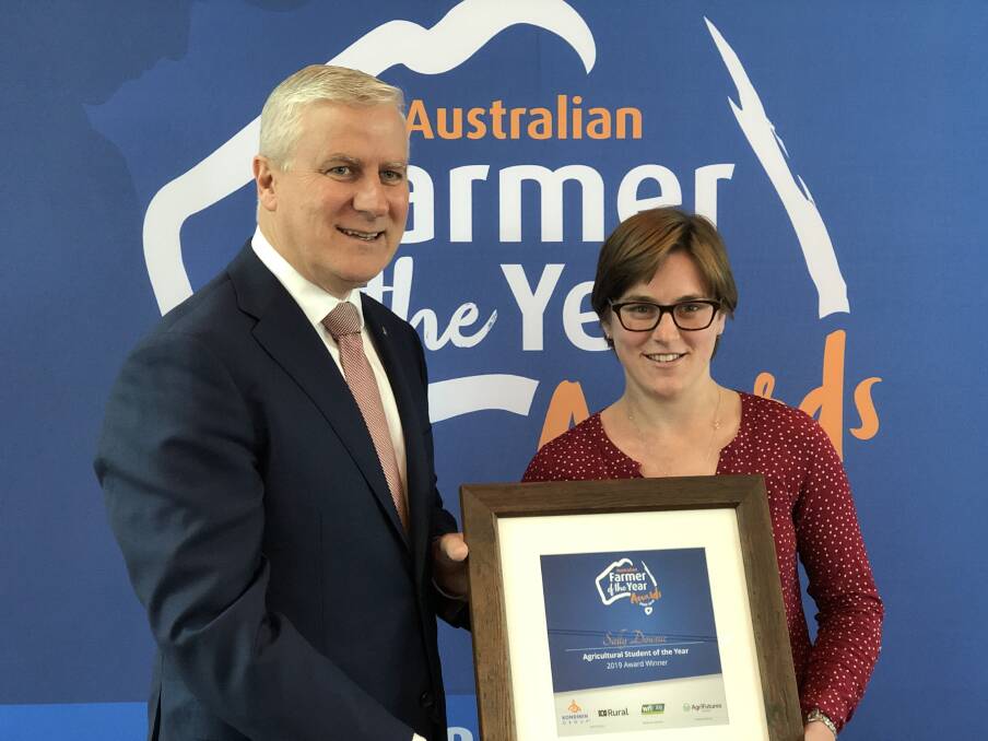 Member for Riverina Michael McCormack congratulates Sally Downie, the first AgriFutures Agriculture Student of the Year. Photo supplied.