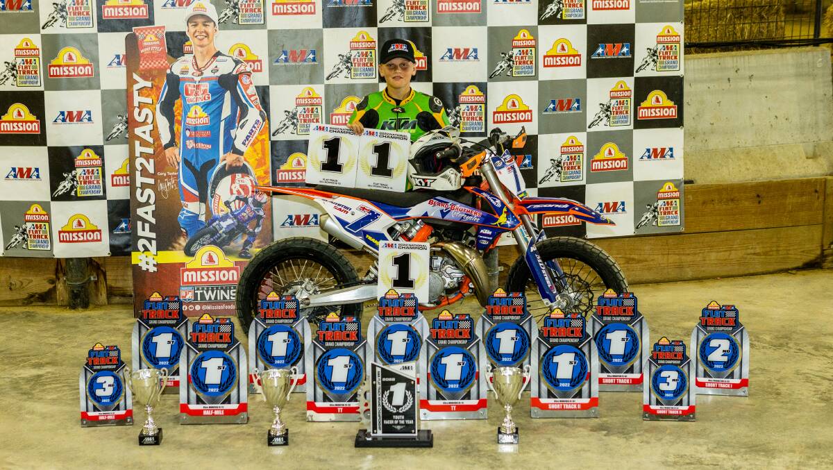 WINNER: Sam Drane brought home three Number One plates and the title of Youth Rider of the Year from the AMA Flat Track Grand Nationals in the US. Picture: SUPPLIED