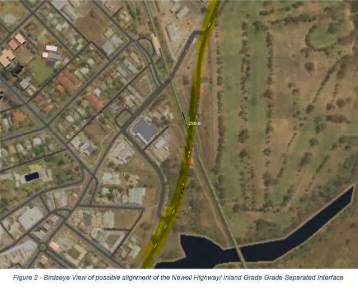A birds-eye view of the possible alignment of a Newell Highway / Inland Rail grade separation.