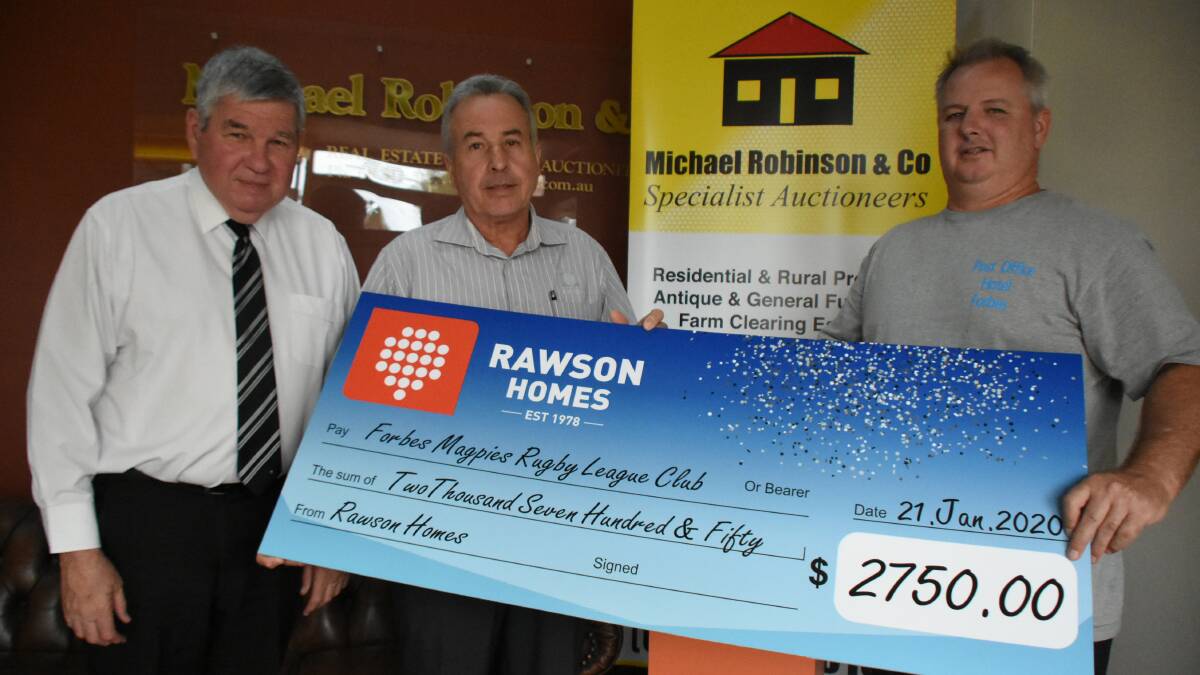 Michael Robinson, Peter Mawbey from Rawson Homes and Matt Coleman from the Forbes Magpies.