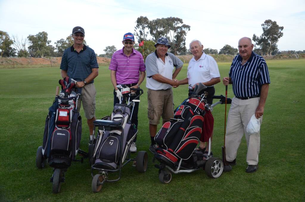 Vice President NSW Vets Golf Richard Doyle (second right) congratulates a group of winners including Graham West, Alan Rees, Jeff McKenzie (Leeton).