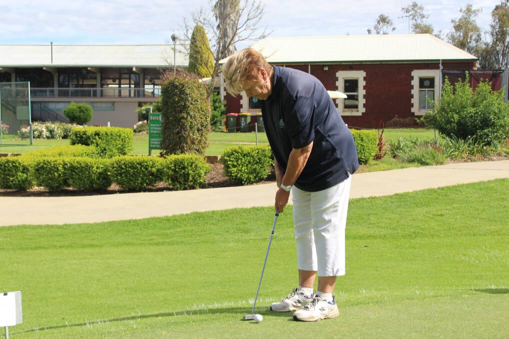 Steady as she goes: Alison Baker lines up her putt in Wednesday morning's ladies competition. Saturday, October 28 will be a stroke event.