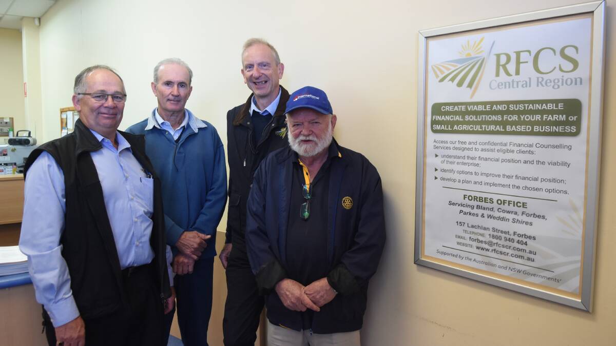 Rural Financial Counselling Services Rob Muffet and John Beer were delighted to received Rotary's support from Ross Williams and Chris Finkel.
