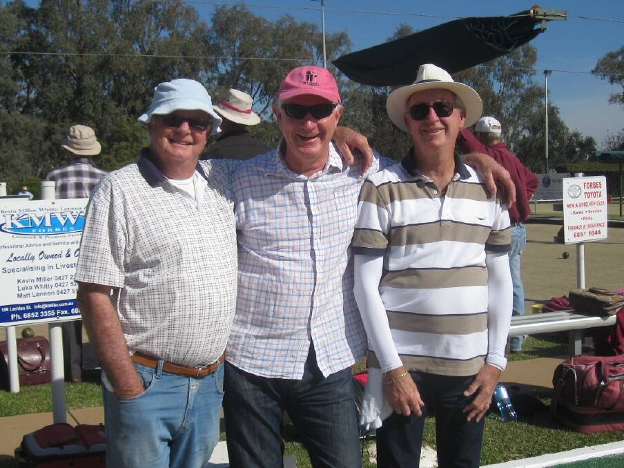 Trevor Currey, Rob Priest and Alf Davies enjoy their bowls. With all eyes on the Pink Test for the McGrath Foundation, this year's Forbes bowls Jane McGrath Pink Day will be held in May.