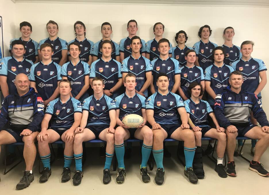 The Red Bend Rugby League 16s with manager Paul Kelly (front left) and coach Jason Leadbitter (front right). Full team listed below.