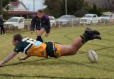Joseph Moss scores a try for the Trundle Boomers against Condobolin in 2023. Photo by Brooke Morgan Photography